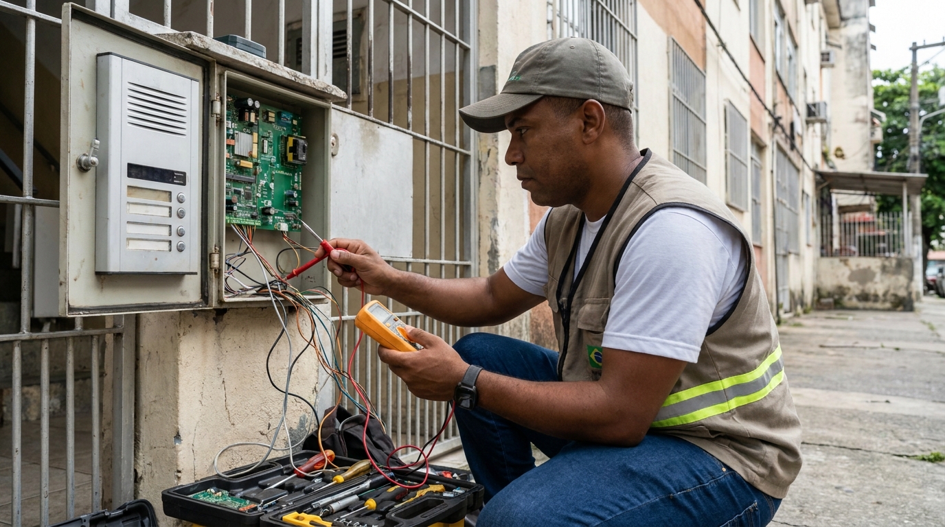 Eletricista consertando interfone em Santa Maria‑RS