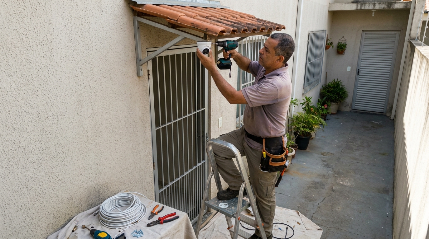 Eletricista instalando cameras de seguranca em Santa Maria‑RS