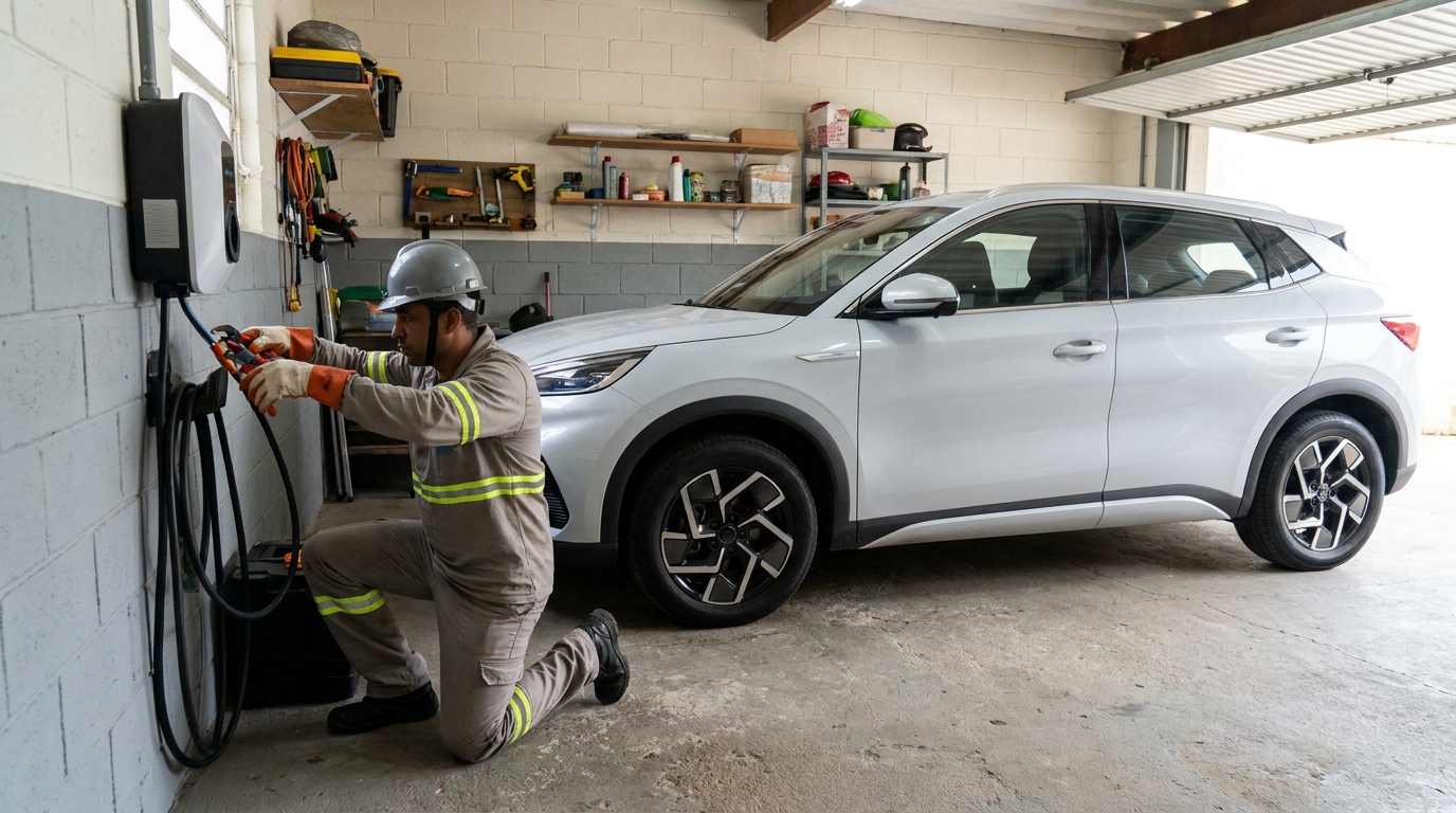 Eletricista instalando carregador de carro eletrico em Santa Maria‑RS