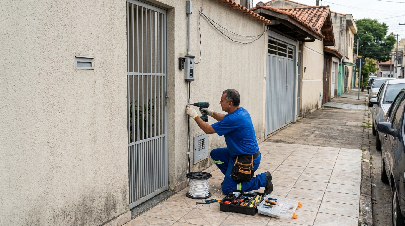 Eletricista instalando interfone em Santa Maria‑RS